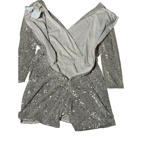 H&M Womens M Gold Sequin Wrap Mini Dress Romper Long Sleeve Holiday Party Chic - Picture 4 of 14